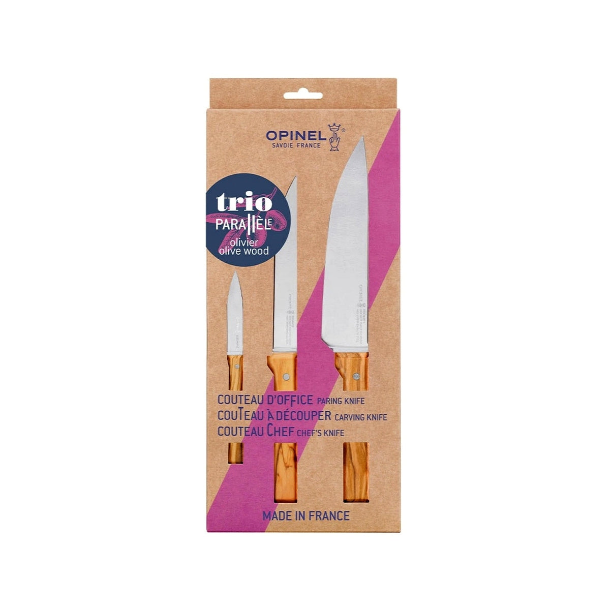 Opinel Parallele Olive Trio sada 3 nožů, kuchařský, plátkovací a na zeleninu, 002494