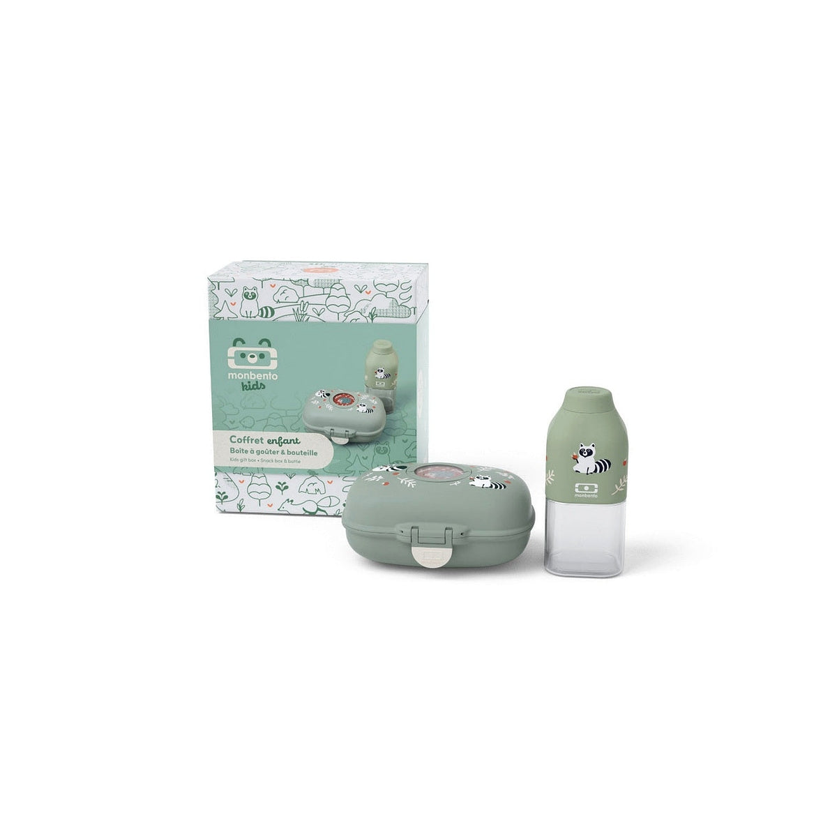 Monbento Gram dárková sada dětského svačinového boxu, green raccoon, 88017353