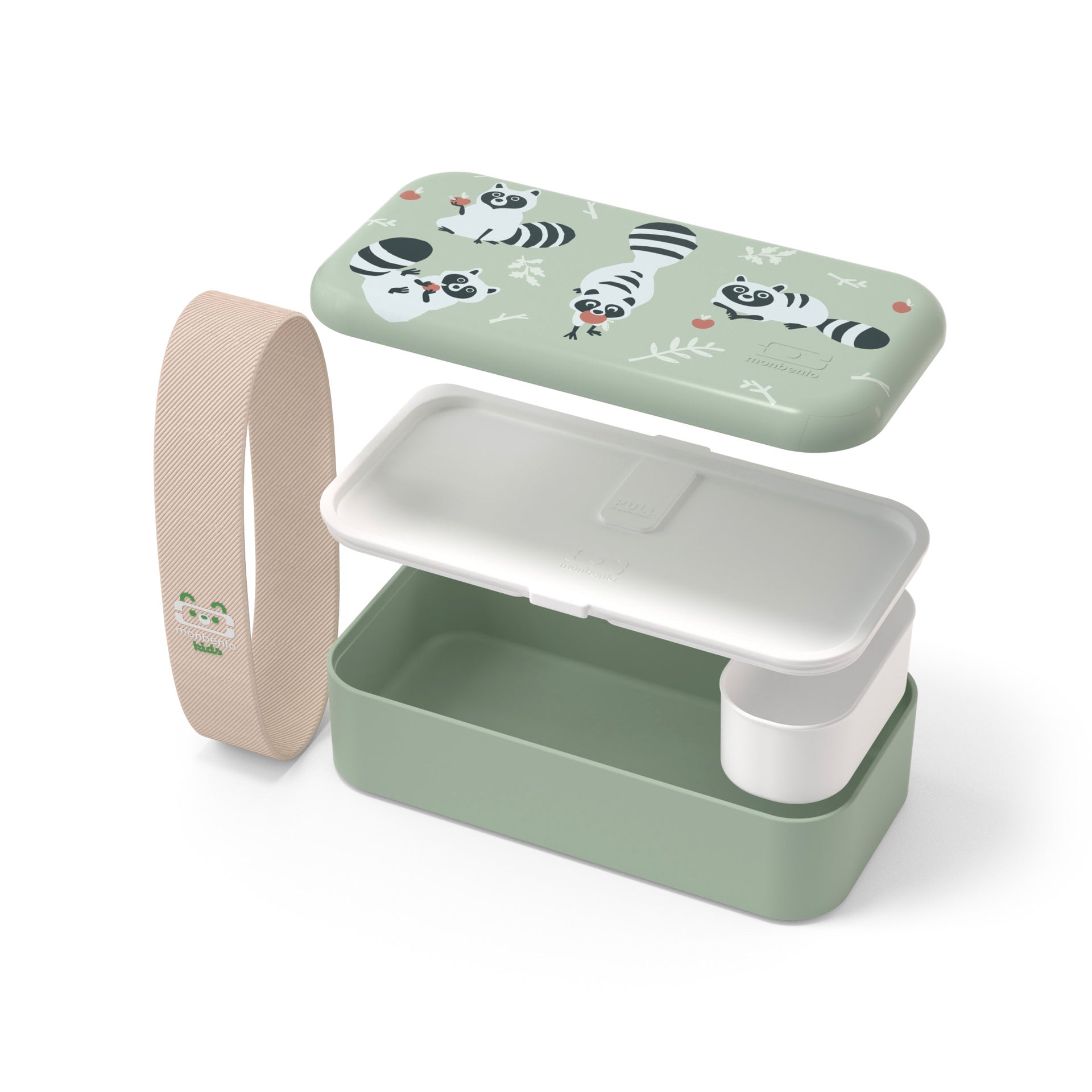 Monbento Foodie dárková sada dětského svačinového boxu, green raccoon, 88007354