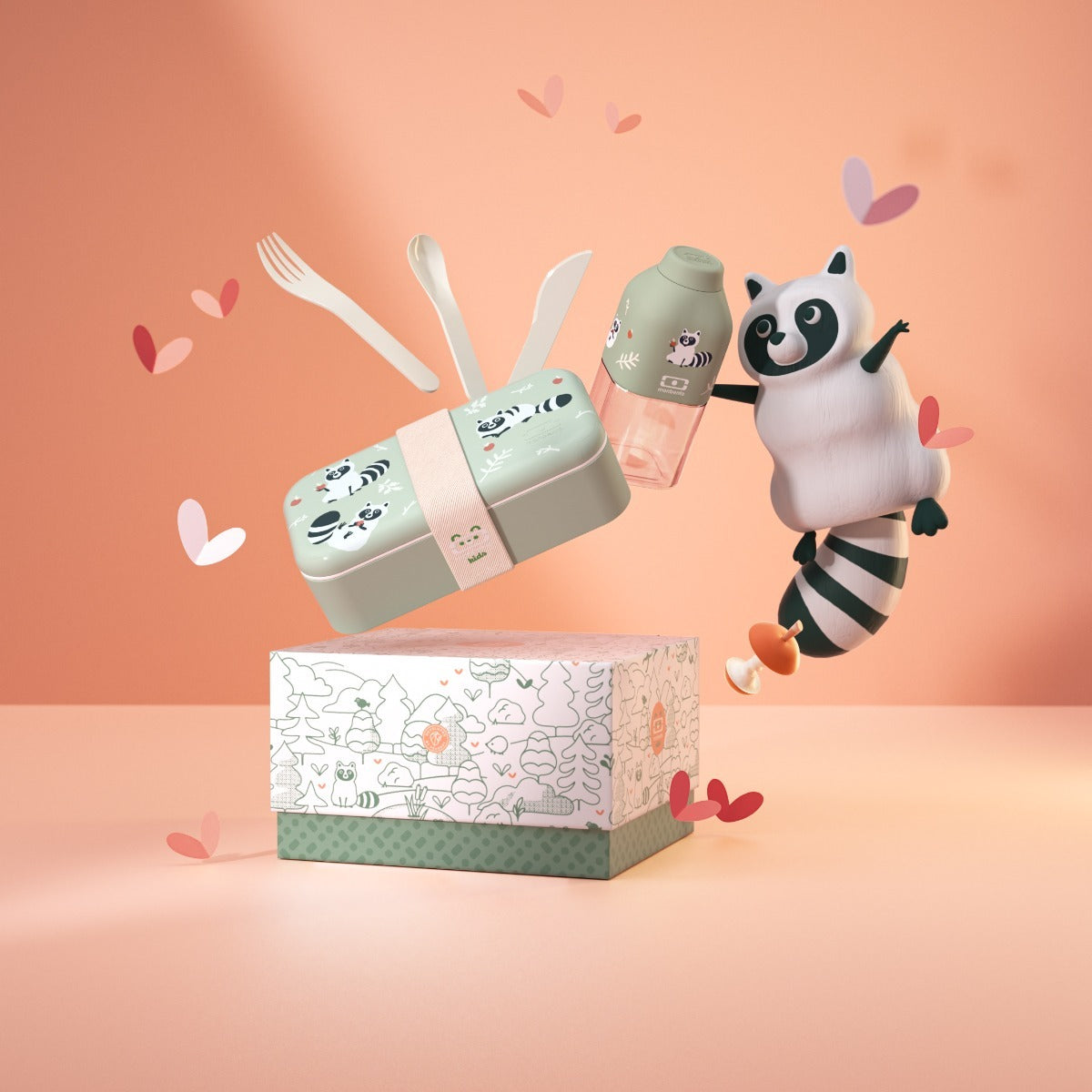 Monbento Foodie dárková sada dětského svačinového boxu, green raccoon, 88007354