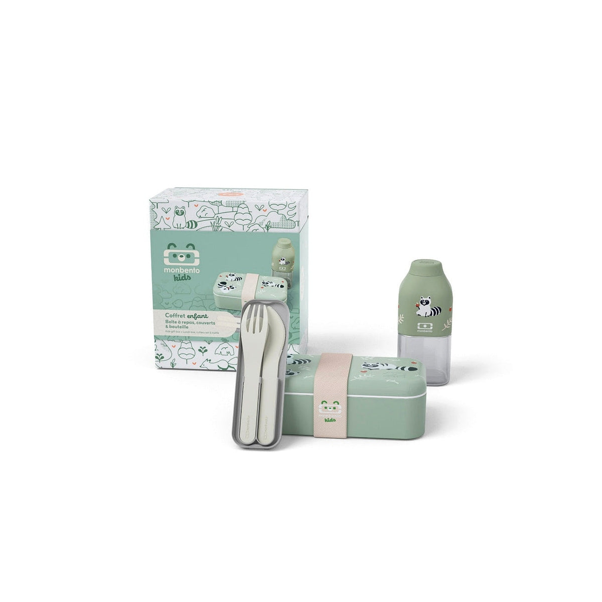 Monbento Foodie dárková sada dětského svačinového boxu, green raccoon, 88007354